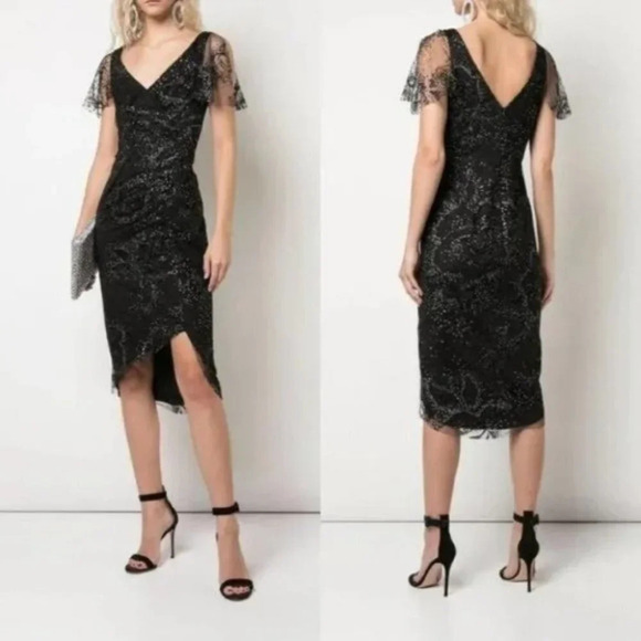 NWT Marchesa Notte Black Lace V-Neck Flocked Midi Dress $495 - Picture 1 of 7